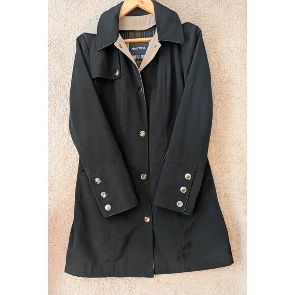 Vintage Nautica Women's Knee-Length Trench Jacket Small Black Hooded Coastal y2k - Picture 3 of 16